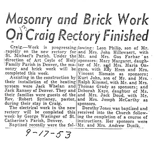 Newspaper clipping titled "Masonry and Brick Work on Craig Rectory Finished" details construction progress and lists baptisms. Dated 9-17-53.