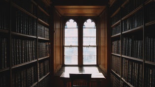 Dim library with tall bookshelves, a wooden desk, and arched window light, creating a quiet, moody atmosphere.
