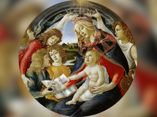 A seated woman in a red and blue dress crowns a child. Four men watch. Background shows a landscape. The scene feels serene and sacred.