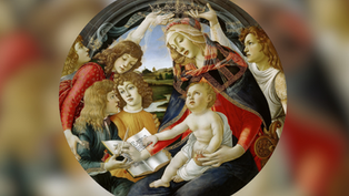 A seated woman in a red and blue dress crowns a child. Four men watch. Background shows a landscape. The scene feels serene and sacred.