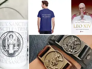 Mug with Latin text and religious icon, man in blue shirt with text "STAND FIRM, BE STRONG," bracelet with engravings, Pope book cover.
