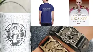 Mug with Latin text and religious icon, man in blue shirt with text "STAND FIRM, BE STRONG," bracelet with engravings, Pope book cover.
