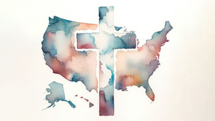 Watercolor U.S. map with a cross cutout, plus Alaska and Hawaii, on a white background.