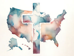Watercolor U.S. map with a cross cutout, plus Alaska and Hawaii, on a white background.