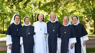 Six nuns in navy and white habits smile together outdoors on a sunny day, with green trees in the background, exuding a joyful mood.