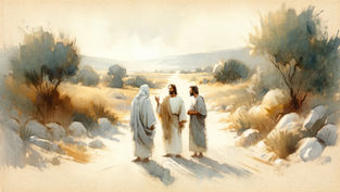 Three men in robes converse on a rocky path in a serene, pastoral landscape with distant hills and soft, earthy colors.