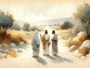 Three men in robes converse on a rocky path in a serene, pastoral landscape with distant hills and soft, earthy colors.