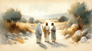 Three men in robes converse on a rocky path in a serene, pastoral landscape with distant hills and soft, earthy colors.