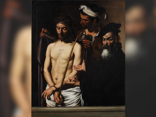Three men in a dark setting, one with a crown of thorns, another holding a reed. Somber mood, detailed facial expressions.
