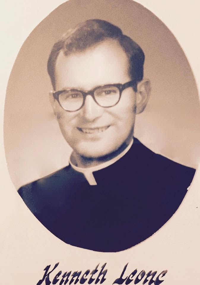 Vintage portrait of smiling man in glasses and clerical collar, labeled Kenneth Leone on a plain oval background.