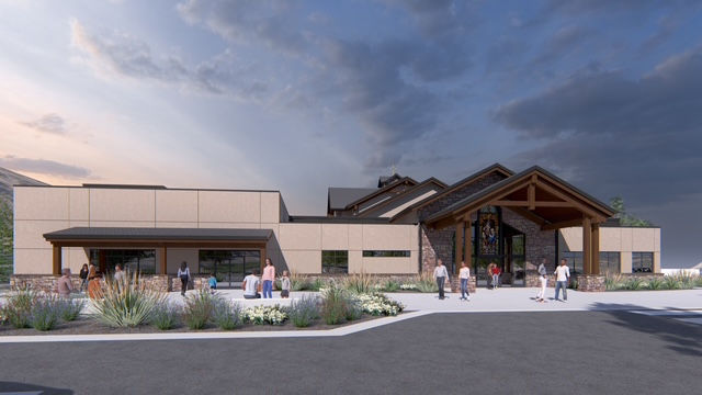 A computer-generated rendering of a new church, viewed from the entrance.