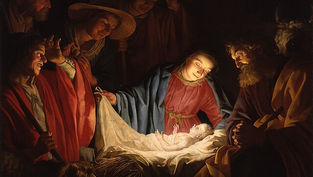 Group gazes at a glowing, swaddled baby in a manger. Warm light highlights serene faces. Dark background, soft hay, and vibrant robes.
