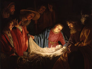 Group gazes at a glowing, swaddled baby in a manger. Warm light highlights serene faces. Dark background, soft hay, and vibrant robes.