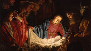 Group gazes at a glowing, swaddled baby in a manger. Warm light highlights serene faces. Dark background, soft hay, and vibrant robes.