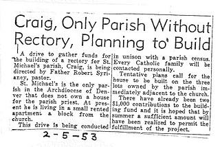 Newspaper clipping about St. Michael's parish in Craig, dated 2-5-53, detailing fundraising plans for building a rectory.