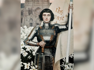 A person in armor holds a flag reading "Jesus Maria" amid white lilies with a gothic building behind. Serious expression, historical vibe.