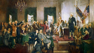 Historical painting of the U.S. Constitution signing, with delegates raising hands in a grand room under chandeliers and flags