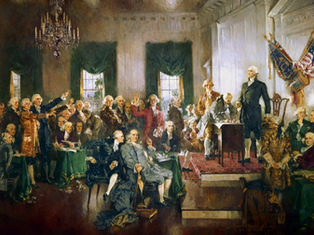 Historical painting of the U.S. Constitution signing, with delegates raising hands in a grand room under chandeliers and flags