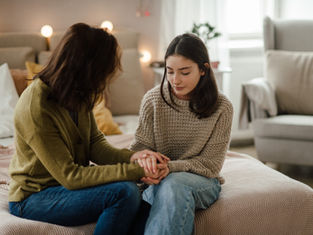 Two women sit on a bed holding hands in a cozy room with soft lighting. One wears a green cardigan, the other a beige sweater, both appear thoughtful.
