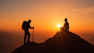 Hiker with a backpack approaches a meditating person on a mountain peak at sunset. Silhouetted against an orange sky with distant hills.