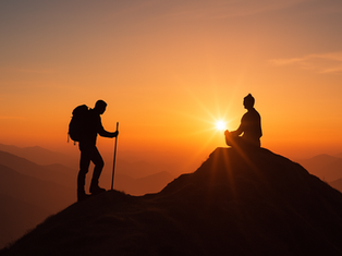 Hiker with a backpack approaches a meditating person on a mountain peak at sunset. Silhouetted against an orange sky with distant hills.