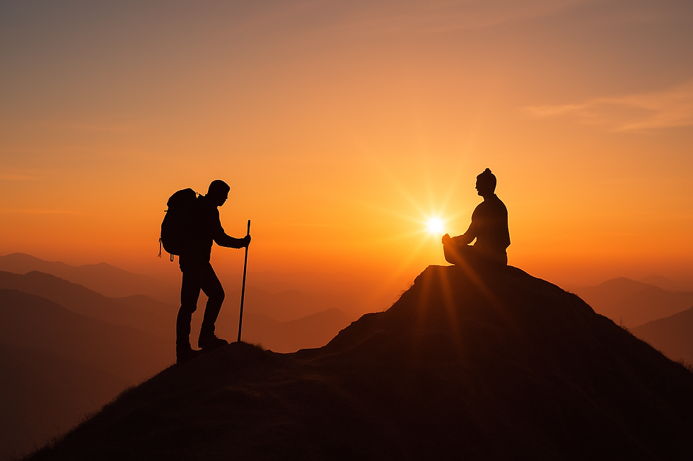 Hiker with a backpack approaches a meditating person on a mountain peak at sunset. Silhouetted against an orange sky with distant hills.