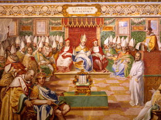 A group of bishops in white robes and miters sit in a grand hall, listening to a speaker. The mood is solemn. "Concilium Nicaenum I" is visible.