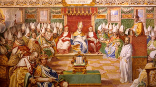 A group of bishops in white robes and miters sit in a grand hall, listening to a speaker. The mood is solemn. "Concilium Nicaenum I" is visible.