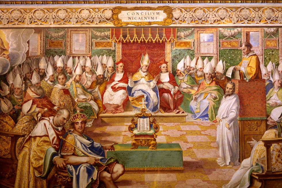 A group of bishops in white robes and miters sit in a grand hall, listening to a speaker. The mood is solemn. "Concilium Nicaenum I" is visible.