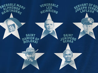 Blue poster with five white stars framing portraits of Catholic figures, each named in curved text, solemn vintage style.