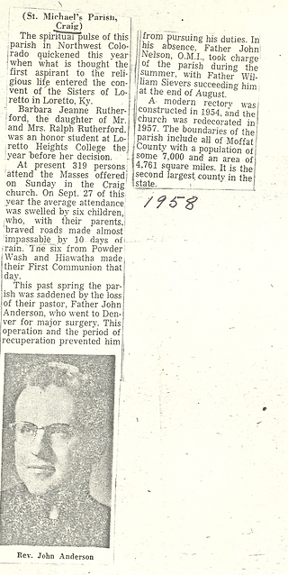 Newspaper clipping about St. Michael's Parish, Craig, 1958. Describes parish updates and Rev. John Anderson's absence due to surgery. Black-and-white photo included.