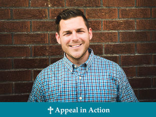 Man in blue checked shirt smiles in front of a brick wall. Text below reads "Appeal in Action" on a teal banner.