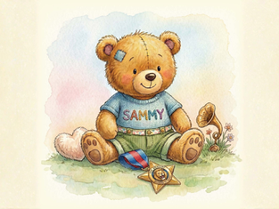 Watercolor teddy bear named SAMMY in a blue shirt sits on grass with a bravery medal, patch, flowers, and a toy horn.