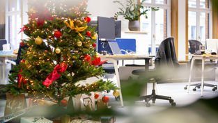 Decorated Christmas tree with lights, red and gold ornaments, and gifts underneath in an office setting with desks and chairs. Festive mood.