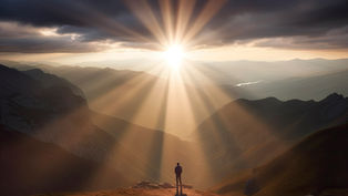 A person stands on a mountain peak at sunset, with sunbeams breaking through clouds. Majestic landscape, warm colors create a serene mood.