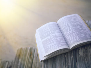 Open book on wooden bench with sunlight streaming, pages filled with dense text. Warm, serene atmosphere.