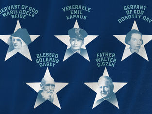Blue poster with five white stars and portraits labeled Marie Brise, Emil Kapaun, Dorothy Day, Solanus Casey, Walter Ciszek.