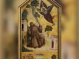 Medieval painting of Saint Francis kneeling with halo as an angel descends, on a gold background with small buildings.