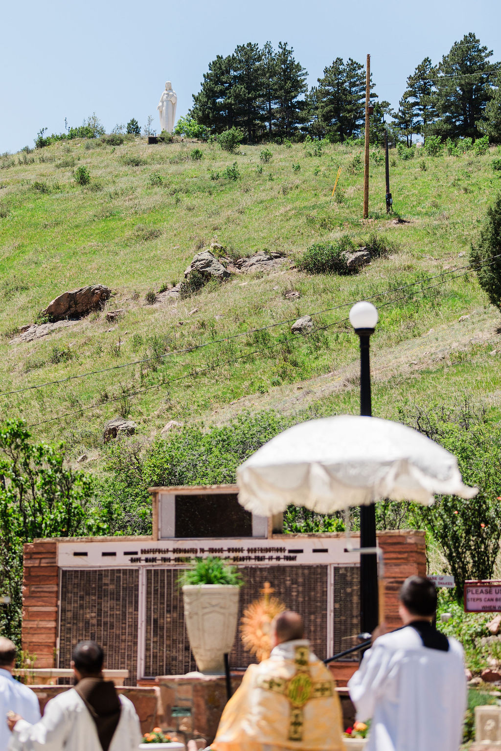 Priests in white robes gather at an outdoor Catholic shrine, with a hillside Virgin Mary statue, pine trees, and a sunlit grassy slope.