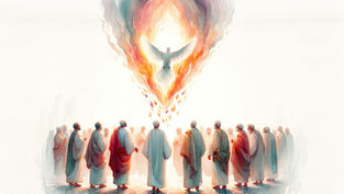 People in robes form a circle, gazing at a radiant dove in flames above. The scene is ethereal, with swirling warm colors.