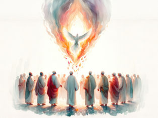 People in robes form a circle, gazing at a radiant dove in flames above. The scene is ethereal, with swirling warm colors.