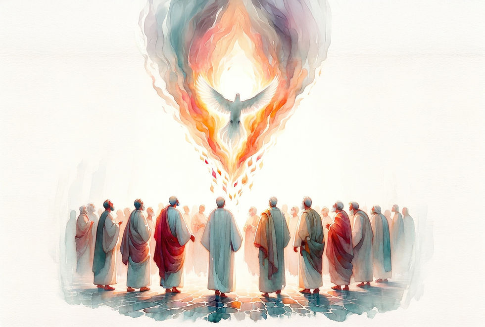 People in robes form a circle, gazing at a radiant dove in flames above. The scene is ethereal, with swirling warm colors.