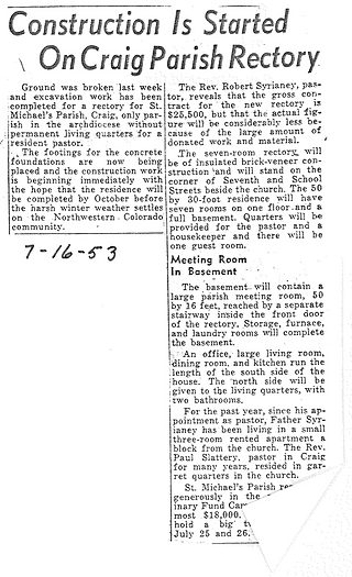 Newspaper clipping titled "Construction Is Started On Craig Parish Rectory," dated 7-16-53. Describes construction details and costs.