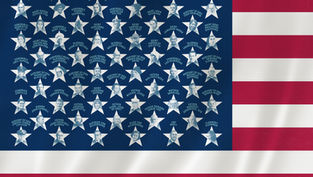 American flag collage of star-framed portraits labeled with Catholic saints and servants of God on a blue field and red-white stripes