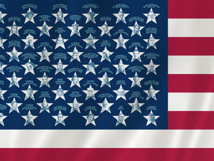 American flag collage of star-framed portraits labeled with Catholic saints and servants of God on a blue field and red-white stripes