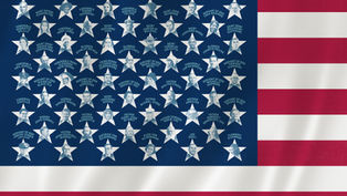 American flag collage of star-framed portraits labeled with Catholic saints and servants of God on a blue field and red-white stripes