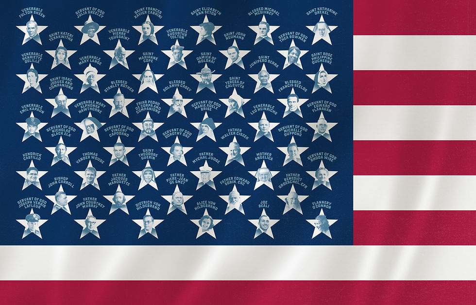 American flag collage of star-framed portraits labeled with Catholic saints and servants of God on a blue field and red-white stripes