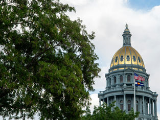 Golden-domed building with American and Colorado flags, partially obscured by lush green tree, under a cloudy sky.