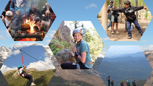 Hexagon collage of kids camping: roasting marshmallows, zip-lining, rock climbing, hiking, and archery in mountain setting.
