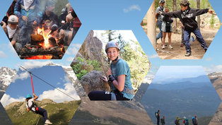 Hexagon collage of kids camping: roasting marshmallows, zip-lining, rock climbing, hiking, and archery in mountain setting.